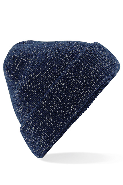 Reflective beanie, reflekslue med logo, lue med logo, reflekslue, refleksbeanie, beanie med oppbrett, profilprodukt med logo, firmagave, merch, brodering, vevd merke, trykt logo, synlig i mørket, sikkerhetslue, refleksplagg, Beechfield, arbeid og fritid, tur og utendørs, med logo til bedrifter, gave til ansatte
